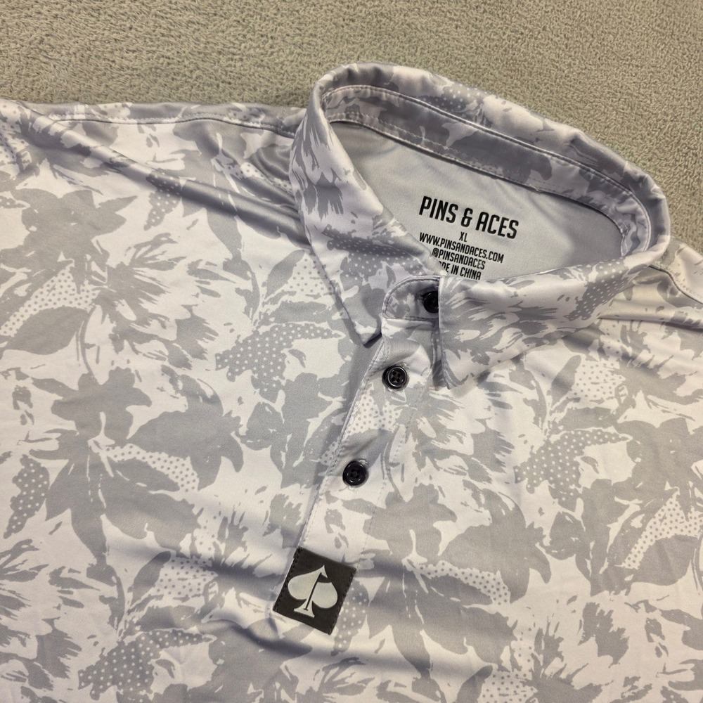 Pins & Aces Polo Shirt Mens XL Grey White Floral Performance Golf Streetwear